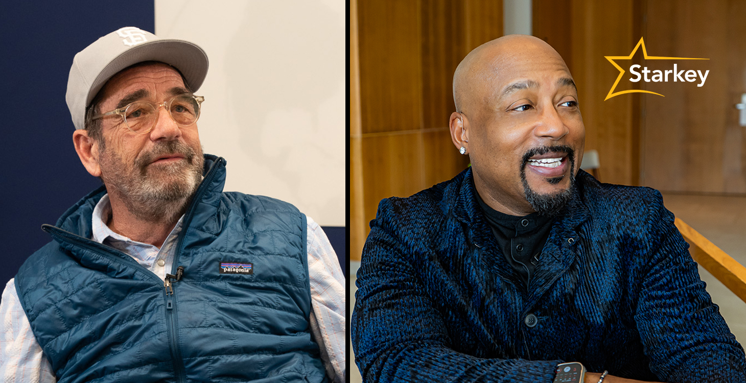 Image of Huey Lewis and Daymond John wearing hearing aids